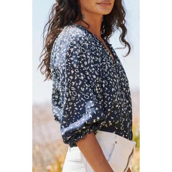 The GREAT. Perch Cotton Peasant Prairie Blouse Navy Cream Balloon Sleeve Boho - Picture 3 of 11